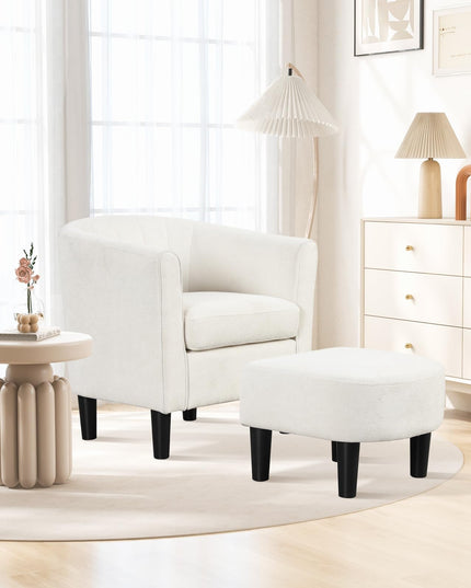 Giantex Modern Accent Chair with Ottoman, Upholstered Teddy Velvet Barrel Club Chair w/Footrest
