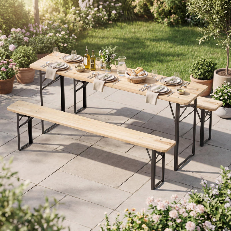 Table de pique-nique pliante 3 pièces Giantex en bois massif avec bancs pour 4 (178 cm)