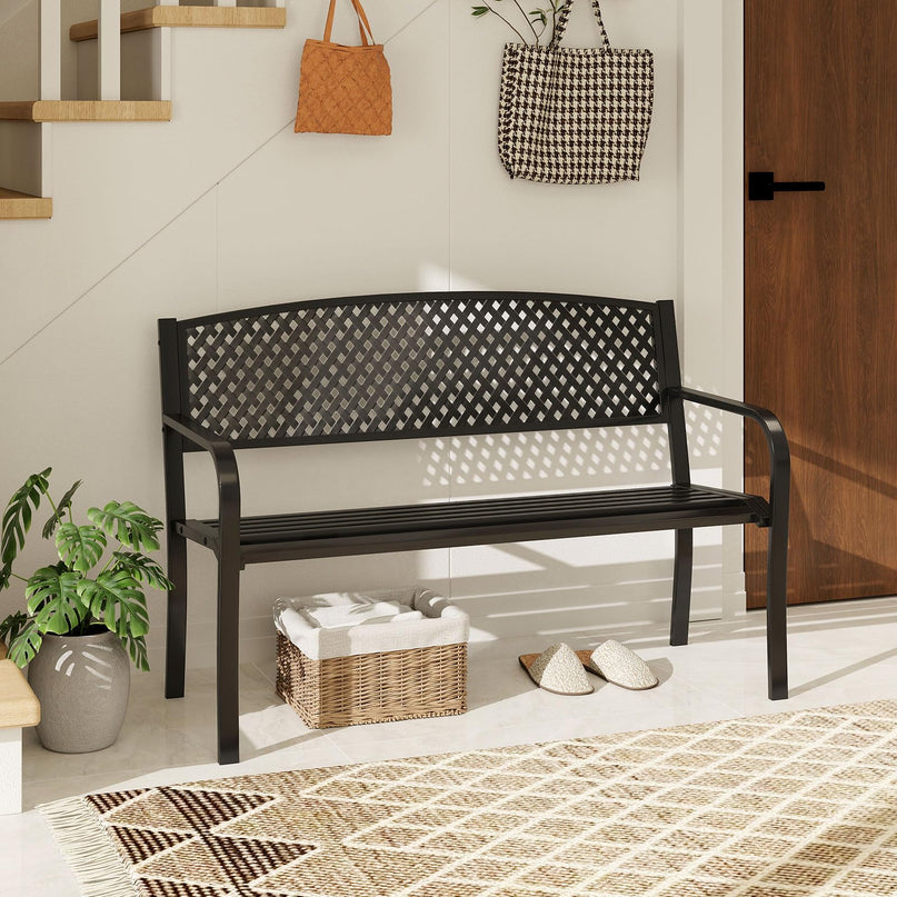 Giantex Metal Outdoor Bench with Mesh Pattern Backrest  Load 660Lbs