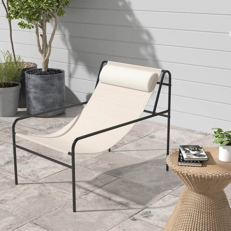 Giantex Patio Sling Lounge Chair, Modern Sling Accent Chair with Removable Headrest Pillow