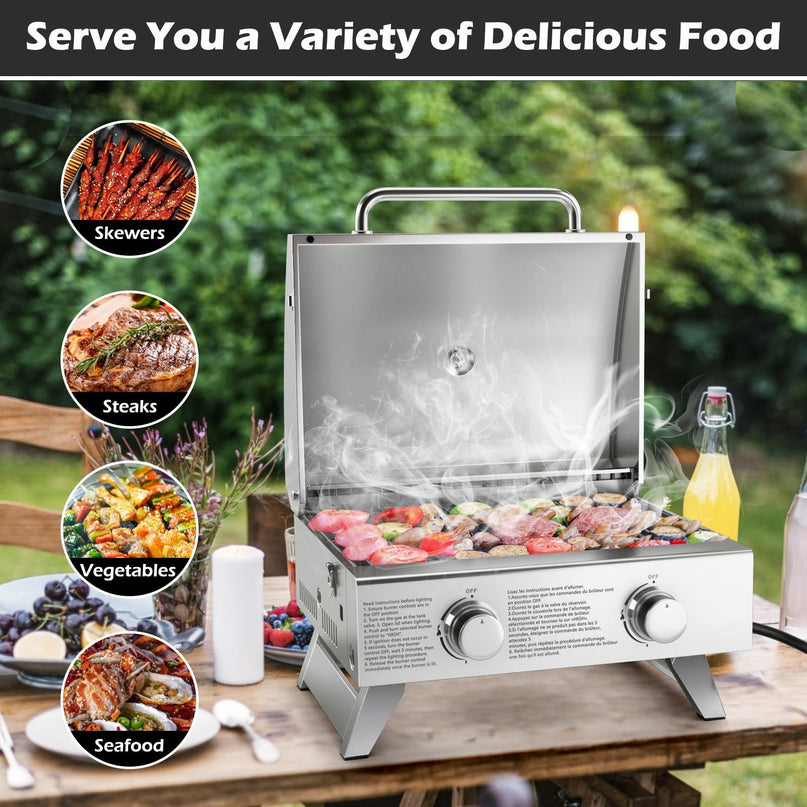 Giantex Portable Gas Grill - Tabletop Propane Grill with 2 Burners, 20,000 BTU total, Built-in Thermometer