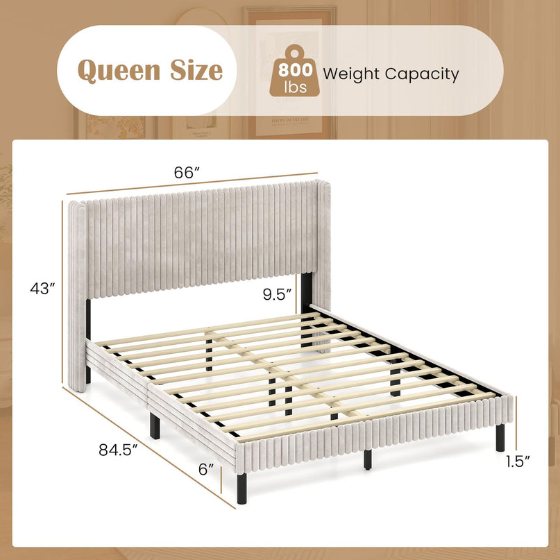 Giantex Queen Velvet Bed Frame with Vertical Tufted Wingback Headboard
