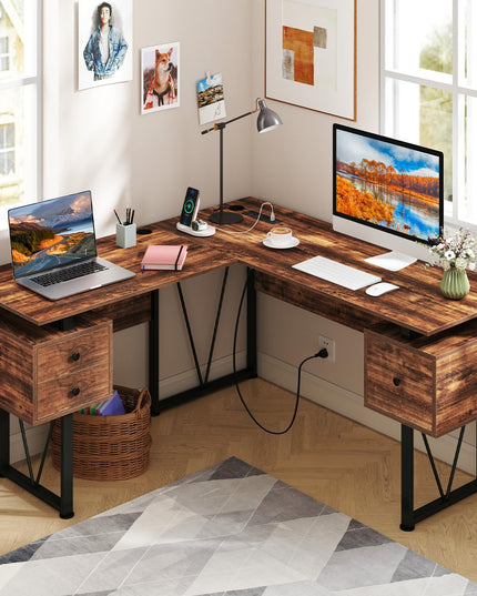 Giantex L Shaped Desk with Drawers, 59” Large Computer Desk with Power Outlet