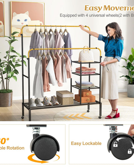 Giantex Double Rods Garment Rack with Wheels, Clothing Rack w/ 2 Hanging Height Adjustable Rods, Side Mesh Racks