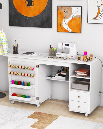Giantex Folding Sewing Table with Charging Station, Rolling Craft Table with Storage Shelves and Drawers
