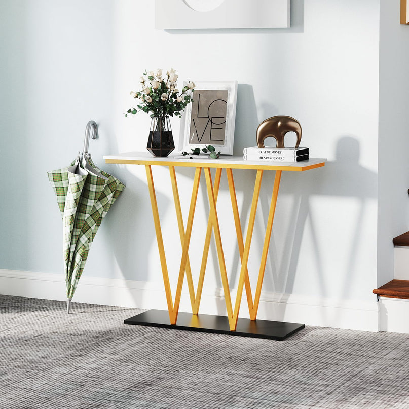Console étroite dorée Giantex 100 cm avec plateau aspect marbre et base en métal robuste