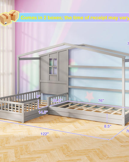 Giantex Double Twin Beds for Kids, House L-Shaped Platform Beds with Window & Fences