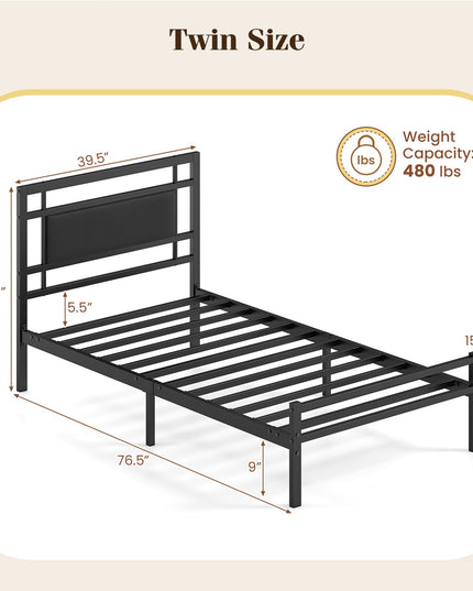 GIANTEX Twin Size Metal Bed Frame with Upholstered Headboard