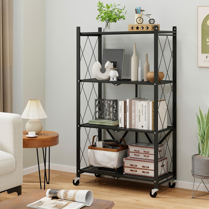 Giantex 4-Tier Foldable Storage Shelf, Collapsible Shelving Unit Display with Lockable Wheels