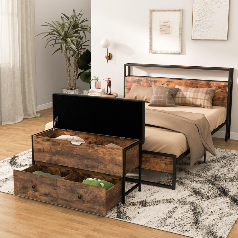 Giantex Storage Bench with Flip Top Storage Chest, 2 Rolling Drawers (Rustic Brown)