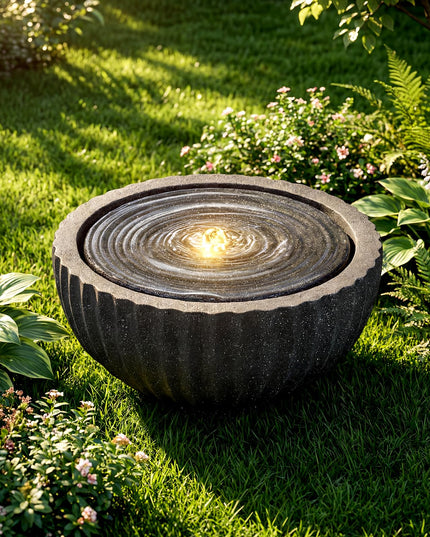 Fontaine d'extérieur ronde Giantex 45 cm avec 6 lumières LED pour la décoration de jardin, patio, porche