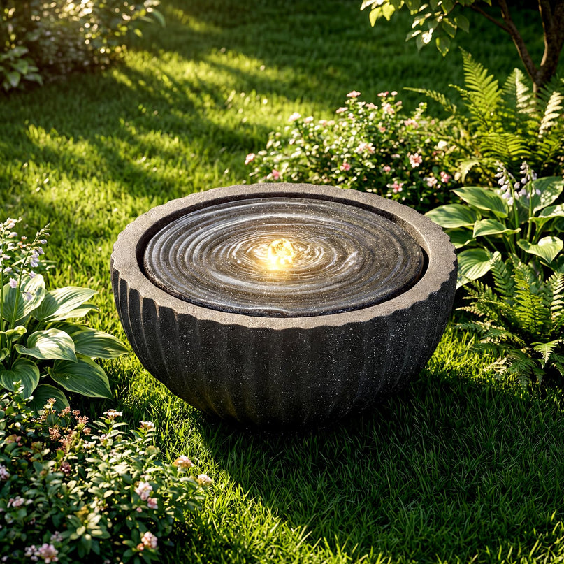 Giantex 18" Round Outdoor Water Fountain with 6 LED Lights for Garden Patio Porch Decor