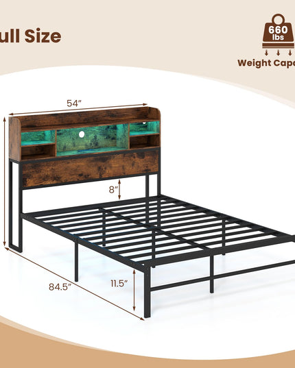 Giantex Full Size Industrial Metal Bed Frame with LED Lights & Charging Station
