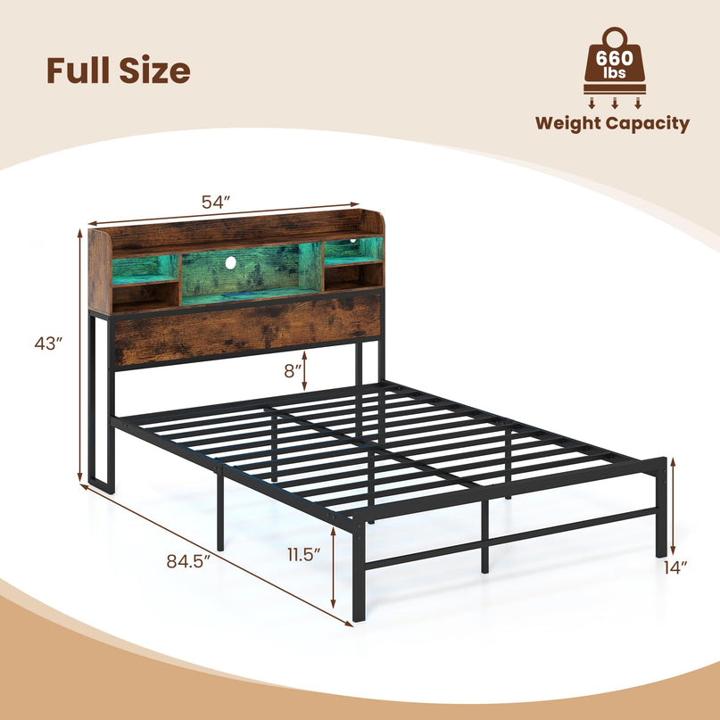 Giantex Full Size Industrial Metal Bed Frame with LED Lights & Charging Station
