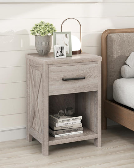 Giantex Farmhouse Wooden Bedside Table with Storage Drawer & Open Shelf