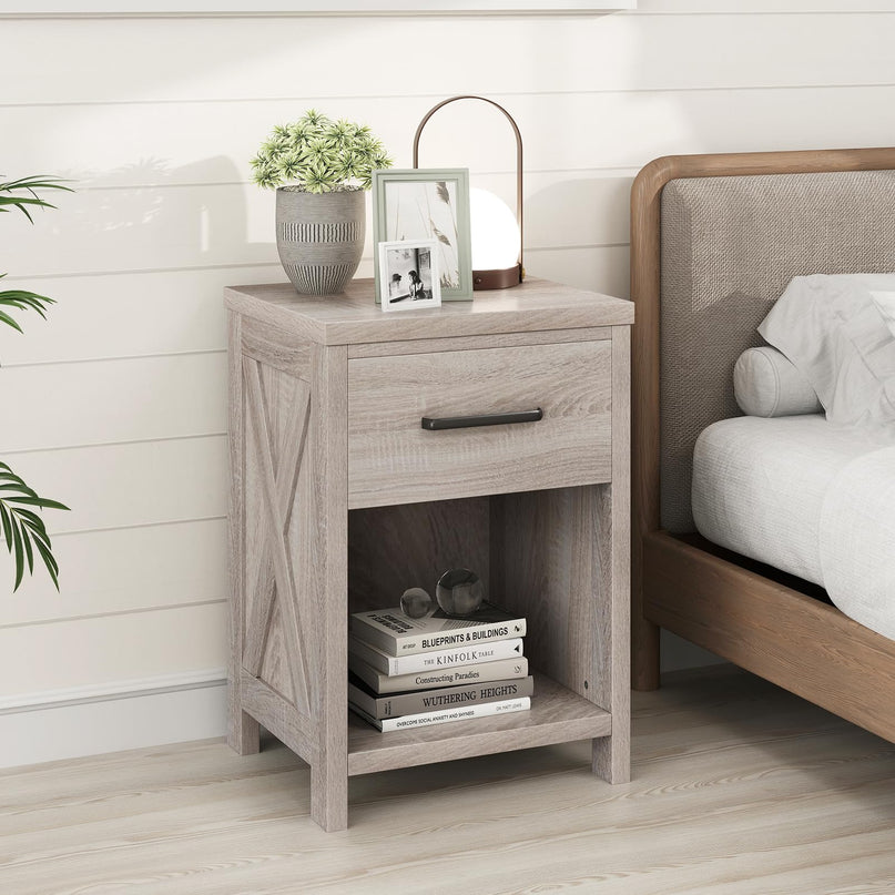 Giantex Farmhouse Wooden Bedside Table with Storage Drawer & Open Shelf