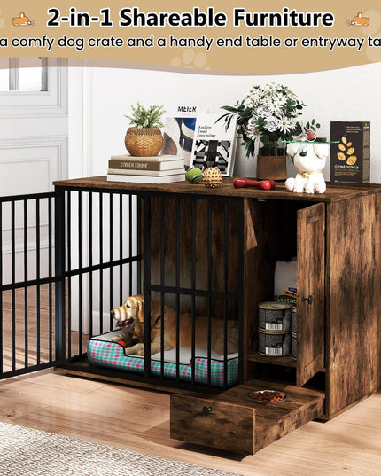Meuble cage pour chien Giantex 47,5" avec tiroir d'alimentation dissimulé et meuble de rangement latéral
