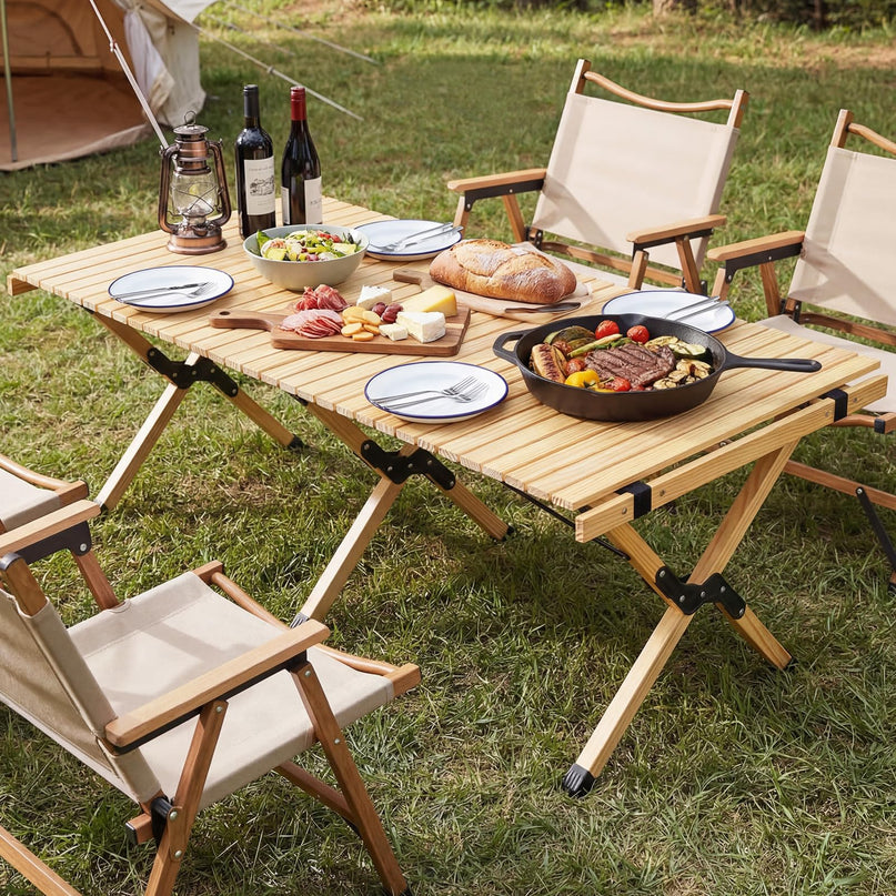 Giantex Portable Roll-Up Pine Wood Picnic Table with Carry Bag