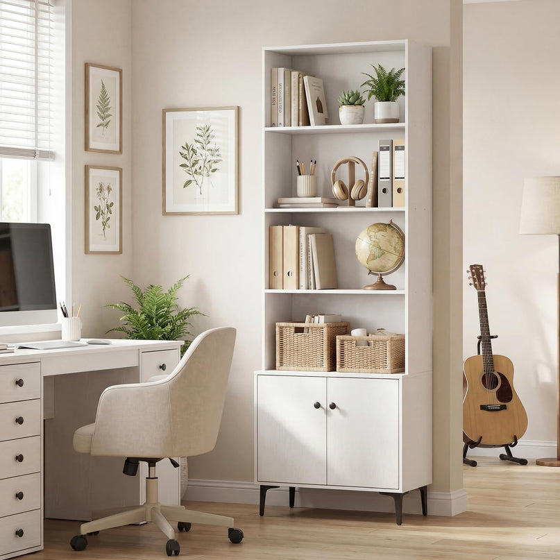 Giantex 68.5" Tall Bookcases with 2 Doors | Floor Standing 5 Tier Bookshelf Display Shelves