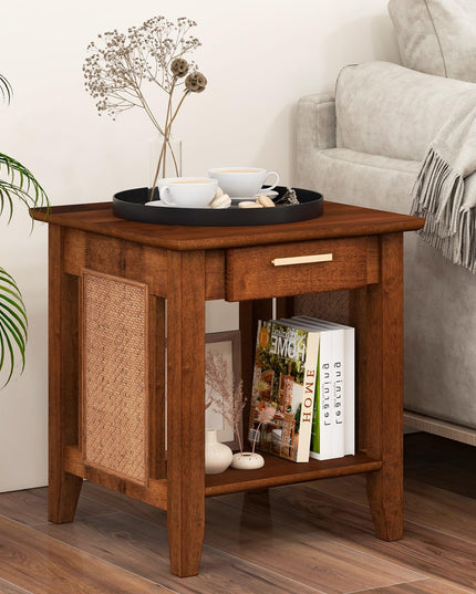 Giantex Rattan Nightstand with Drawer, Mid Century End Table with Storage Shelf, Sofa Side Table with Solid Rubber Wood Legs