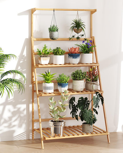Giantex Plant Stand Indoor Outdoor - Bamboo 3-Tier Hanging Tall Ladder Flower Pot