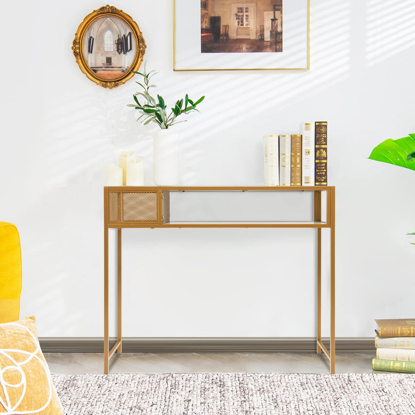 Giantex Console Tables for Entryway - Faux Marble Sofa Table with Wire Basket, 43.5" x 16" x 35.5" Entry Table