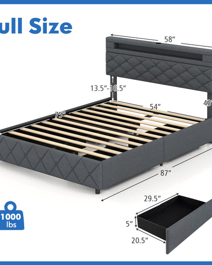 Giantex Bed Frame with Storage Headboard and 4 Drawers, Modern Upholstered Platform Bed with Charging Station
