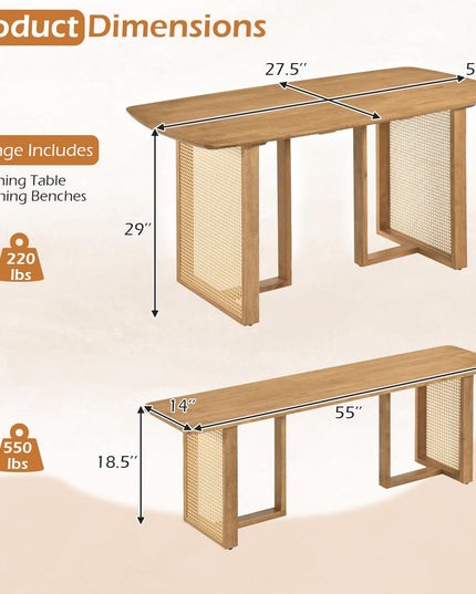 GIANTEX Rattan Dining Table Set for 4 w/ Rubber Wood Kitchen Table & 2 Bench