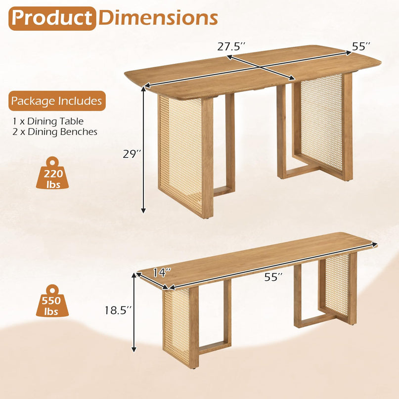 GIANTEX Rattan Dining Table Set for 4 w/ Rubber Wood Kitchen Table & 2 Bench