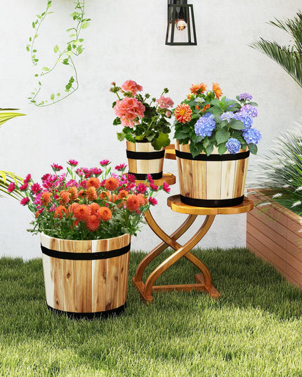Giantex Set of 3 Barrel Planters Outdoor Acacia Wood Raised Garden Bed