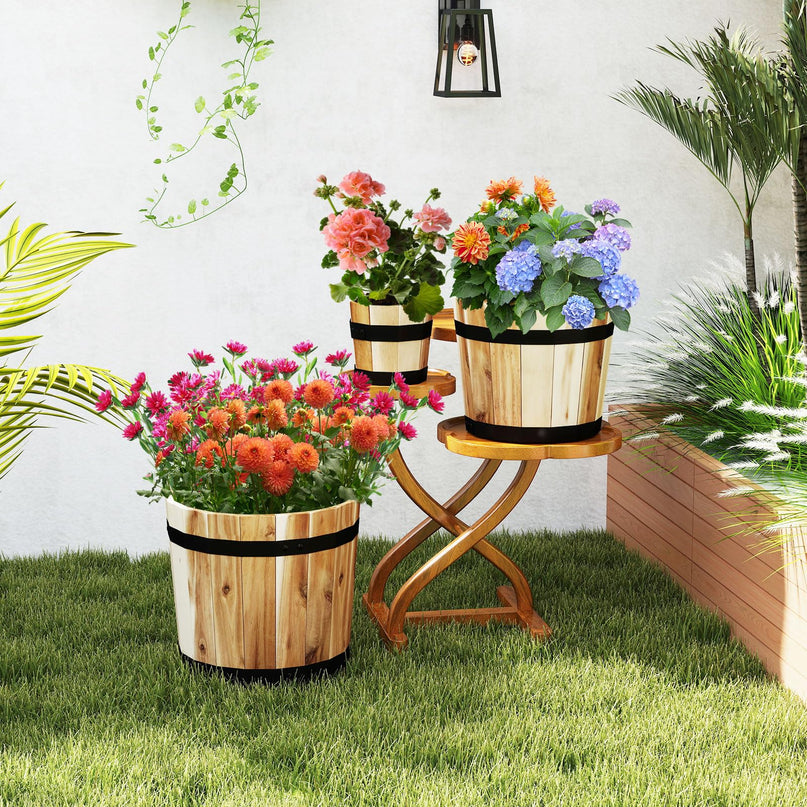 Giantex Set of 3 Barrel Planters Outdoor Acacia Wood Raised Garden Bed