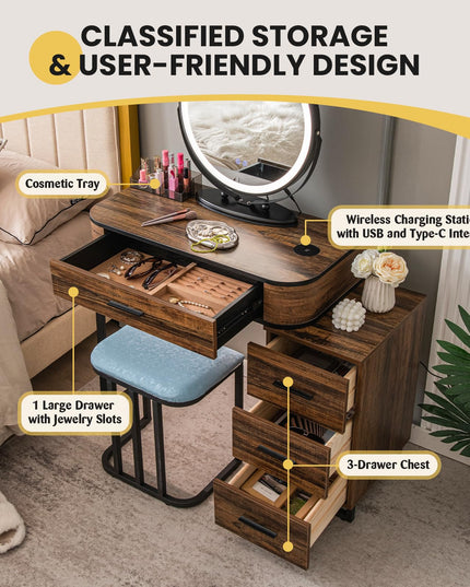 CHARMAID Makeup Vanity Table with Lights, Vanity Desk with 3 Color Lighted Mirror, Rustic Brown
