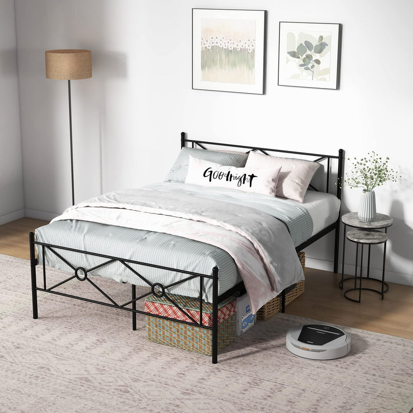 Giantex Full/Queen Size Metal Platform Bed Frame with Vintage Headboard and Footboard