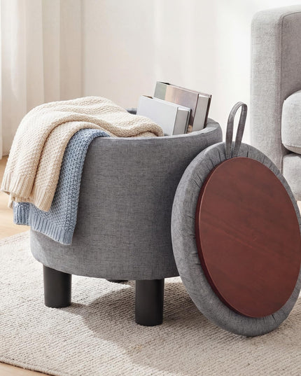 Giantex Round Ottoman with Storage Linen Fabric Upholstered