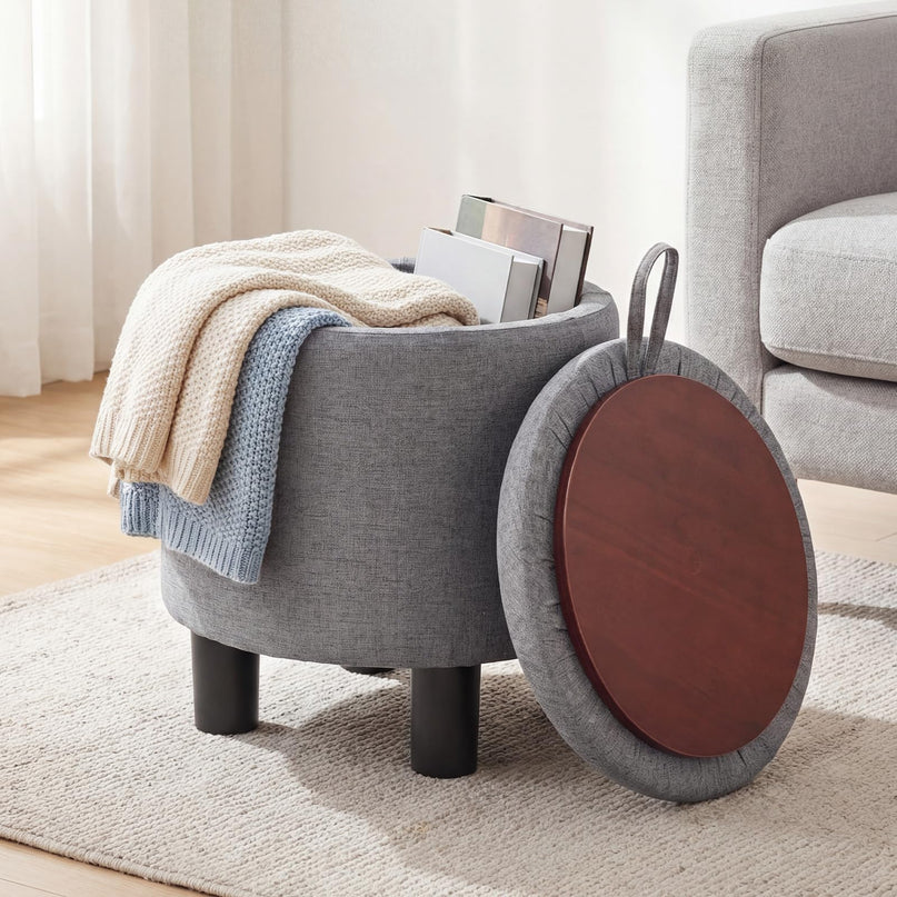 Giantex Round Ottoman with Storage Linen Fabric Upholstered