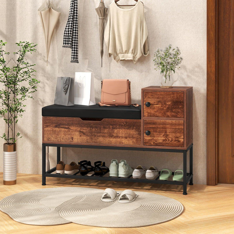 Giantex Shoe Bench with Storage - Entryway Bench with Shoe Rack, Flip Top Storage Box, 2 Door Cabinets, Padded Cushion