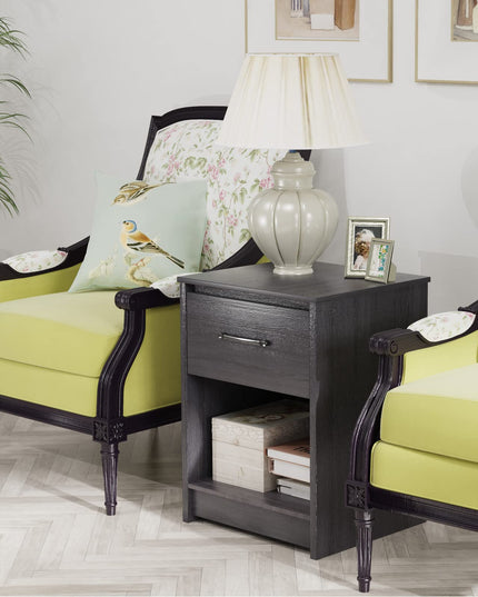 Nightstand w/Drawer, Wooden End Table w/Open Storage Compartment