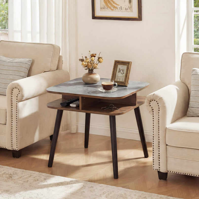 Table d'appoint à 2 niveaux en faux marbre Giantex avec étagères de rangement et pieds en bois d'hévéa