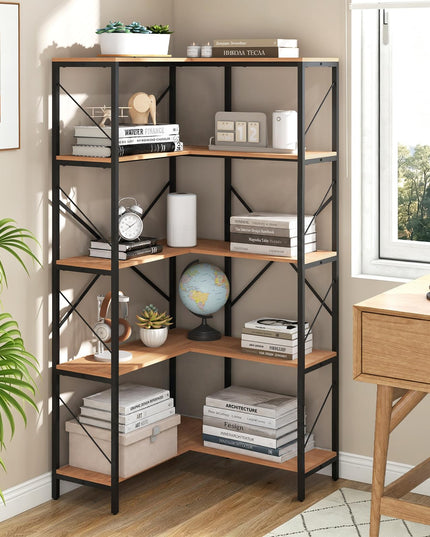 GIANTEX 5-Tier Corner Bookshelf | L-Shaped Large Bookcase with Metal Frame