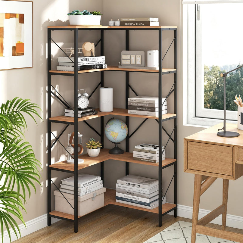 GIANTEX 5-Tier Corner Bookshelf | L-Shaped Large Bookcase with Metal Frame