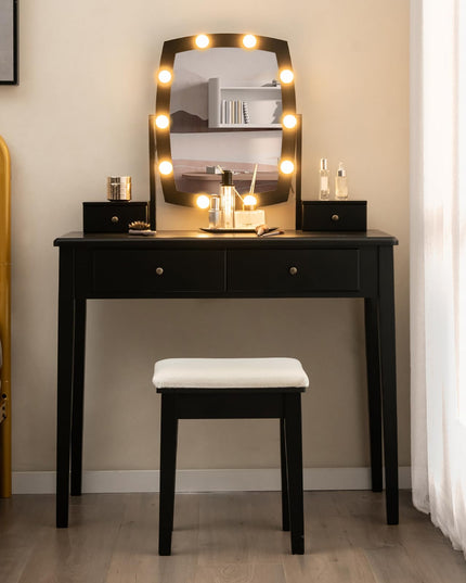 CHARMAID Vanity Desk with Mirror and Lights, Makeup Vanity Table with Swivel Mirror, Girls Bedroom Makeup Dressing Table with Stool
