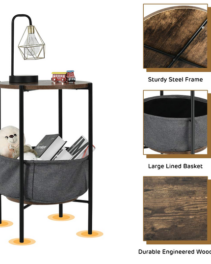 End Table Round Sofa Side Table W/Durable Storage Fabric Basket