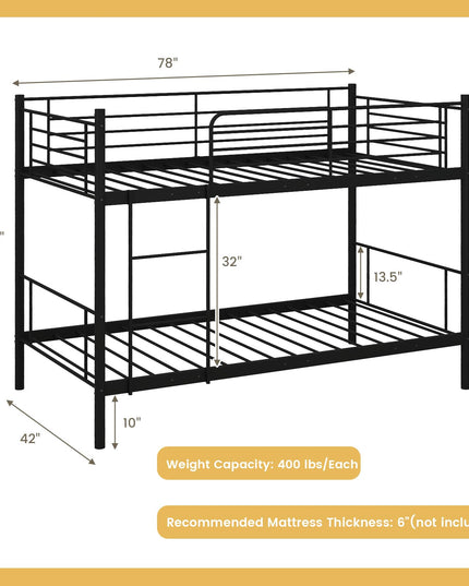 Giantex Bunk Bed Twin Over Twin, Metal Bunk Bed Frame w/Built-in Ladder, Safety Guardrail