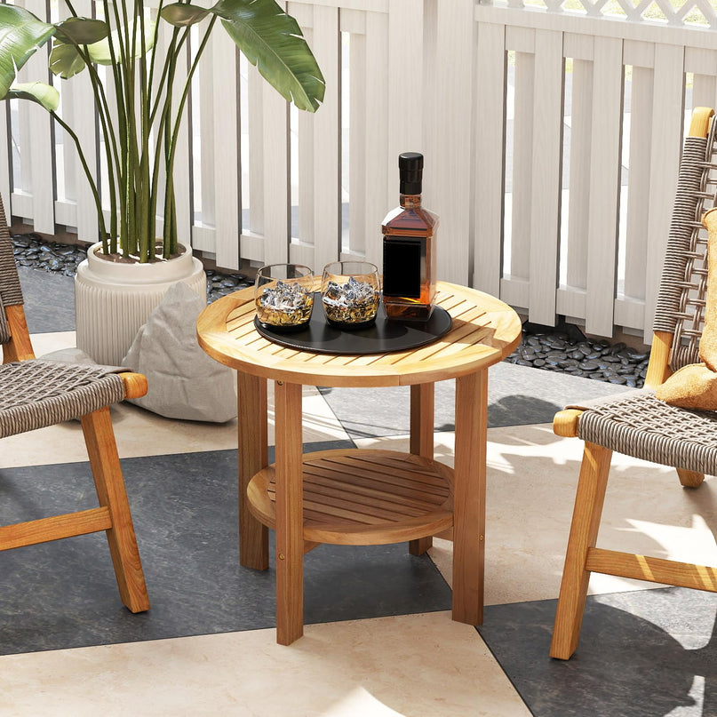 Giantex Teak Wood Outdoor Side Table - 19.5" Small Patio Coffee Table with Slatted Top, for Porch, Backyard, Garden, Pool
