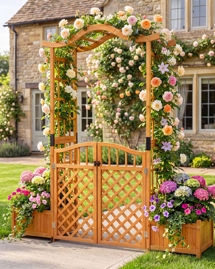 Giantex 83" Garden Arbor with Gate and 2 Planter Boxes