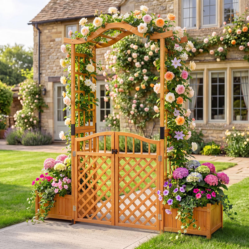 Giantex 83" Garden Arbor with Gate and 2 Planter Boxes