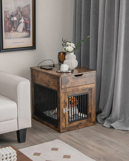 Giantex Dog Crate Furniture, Dog Kennel End Table with Chew-Proof Metal Fence, Lockable Door