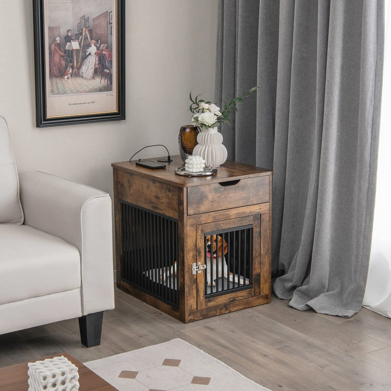Giantex Dog Crate Furniture, Dog Kennel End Table with Chew-Proof Metal Fence, Lockable Door
