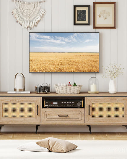 Meuble TV Giantex pour téléviseurs 60/65 pouces | Meuble de divertissement bohème avec placards de rangement