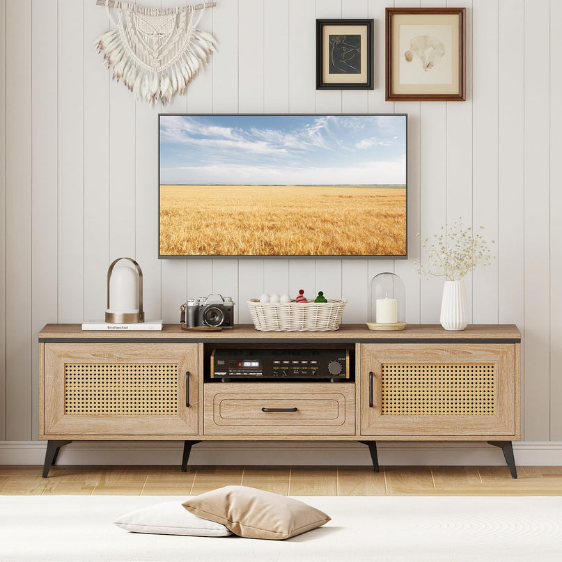 Meuble TV Giantex pour téléviseurs 60/65 pouces | Meuble de divertissement bohème avec placards de rangement